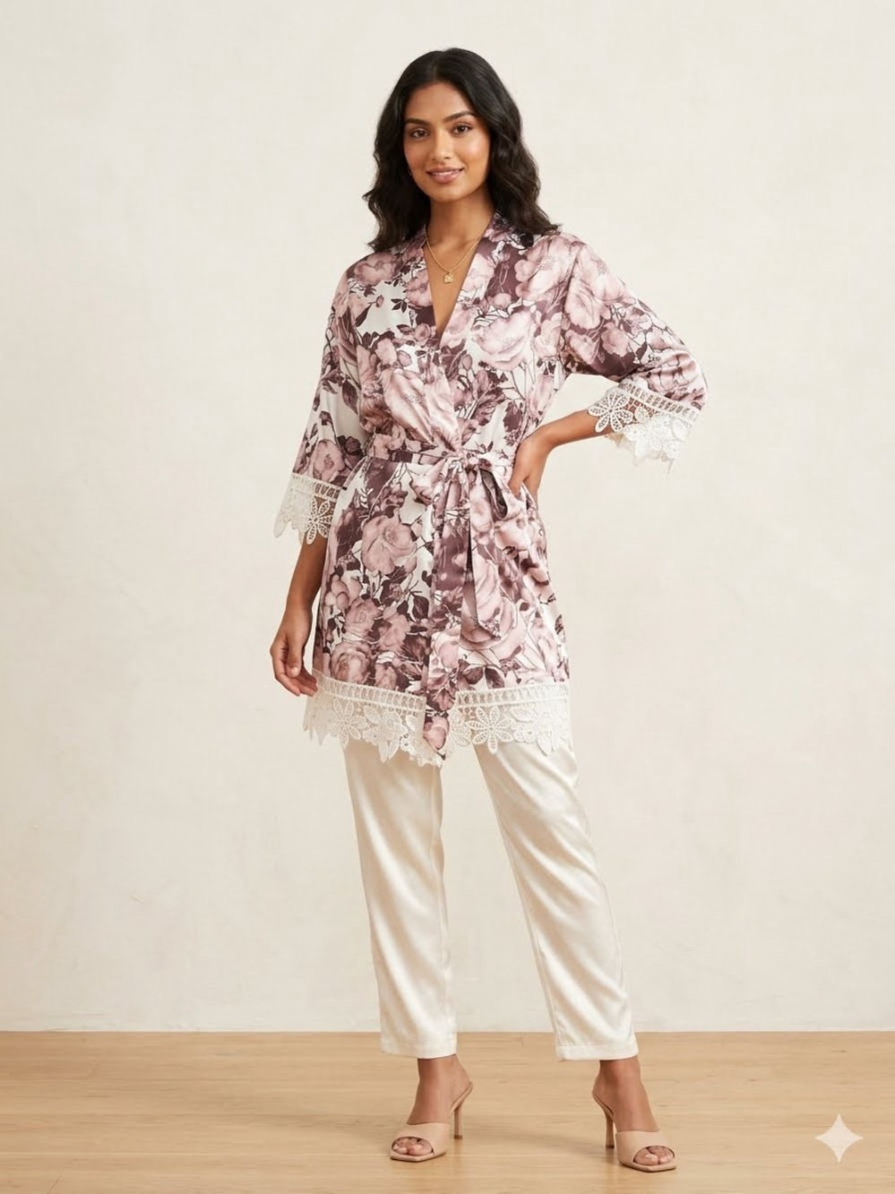 Floral Satin Lace-Trim kimono Robe in Dusty Rose